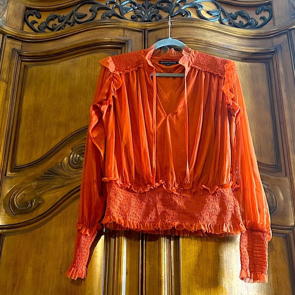 Boston Proper Like NEW Vibrant Orange Smocked Blouse sheer long sleeves Medium - Picture 1 of 9